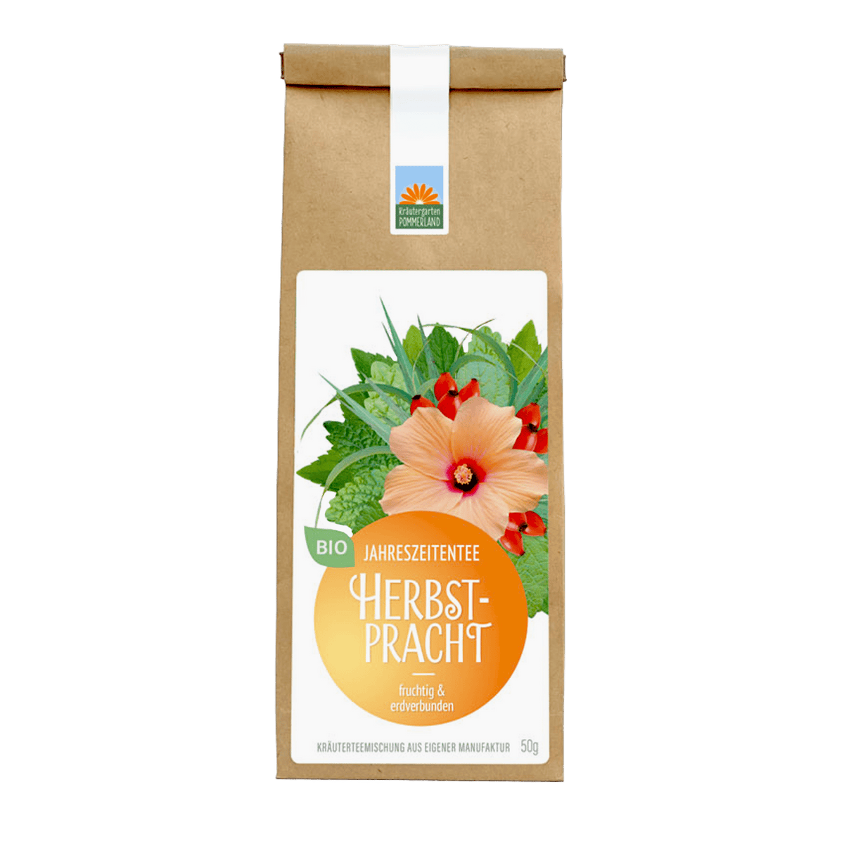 Bio-Jahreszeitentee Herbstpracht von Kräutergarten Pommerland – fruchtig-erdverbundene Kräuterteemischung in brauner Papierverpackung mit orangem Etikett.