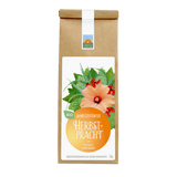 Bio-Jahreszeitentee Herbstpracht von Kräutergarten Pommerland – fruchtig-erdverbundene Kräuterteemischung in brauner Papierverpackung mit orangem Etikett.