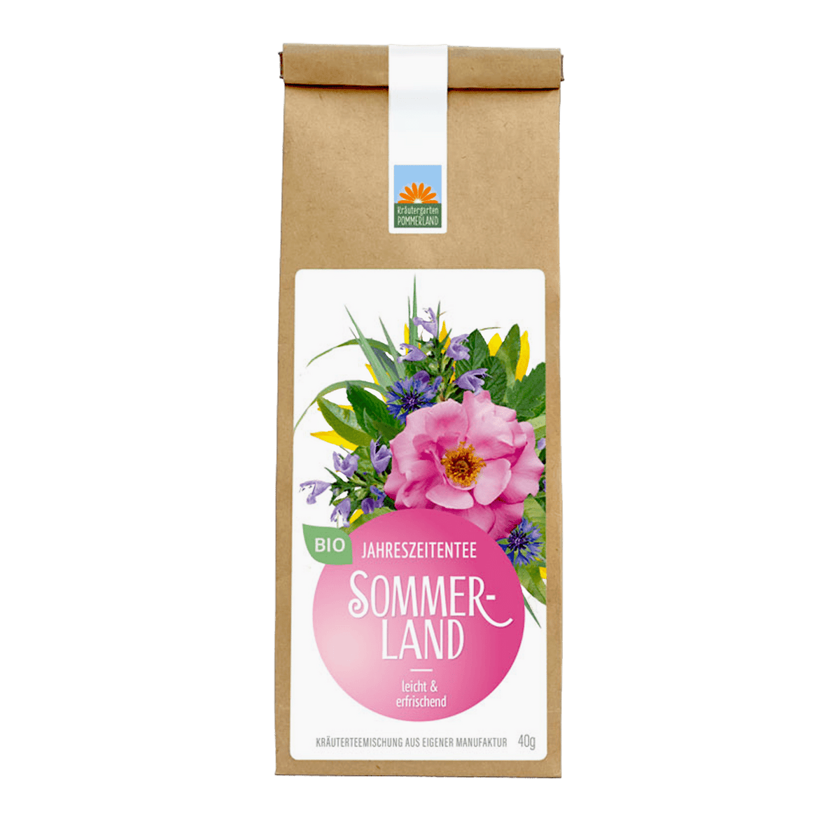Bio-Jahreszeitentee Sommerland von Kräutergarten Pommerland – leichte und erfrischende Kräuterteemischung in brauner Papierverpackung mit pinkem Etikett.