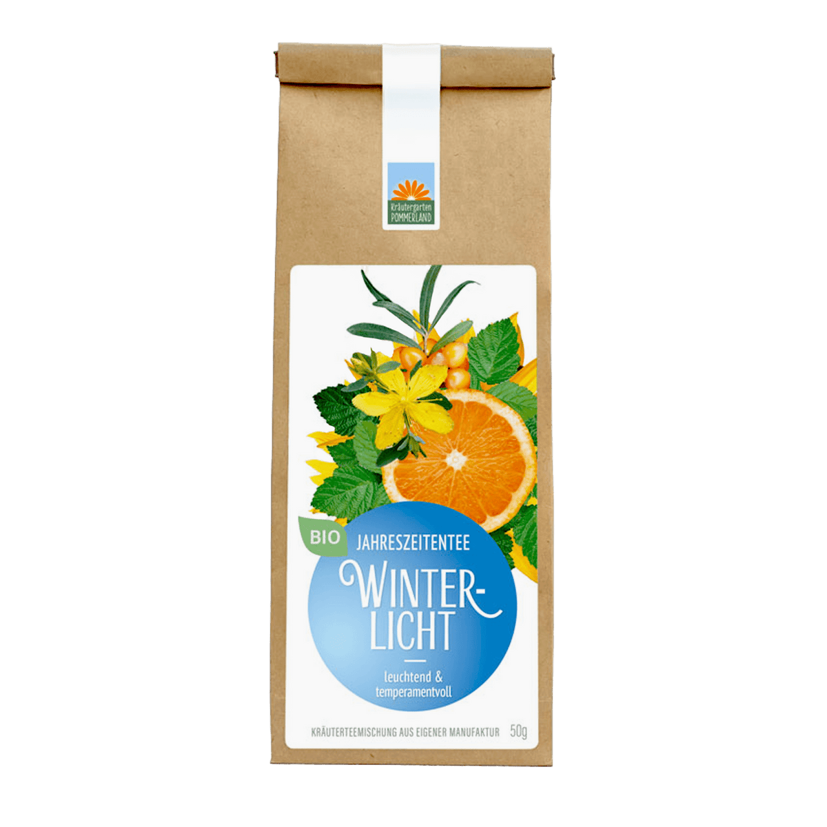 Bio-Jahreszeitentee Winterlicht von Kräutergarten Pommerland – leuchtend und temperamentvoll, Kräuterteemischung in brauner Papiertüte mit blauem Etikett und fruchtig-winterlichem Orangendekor.