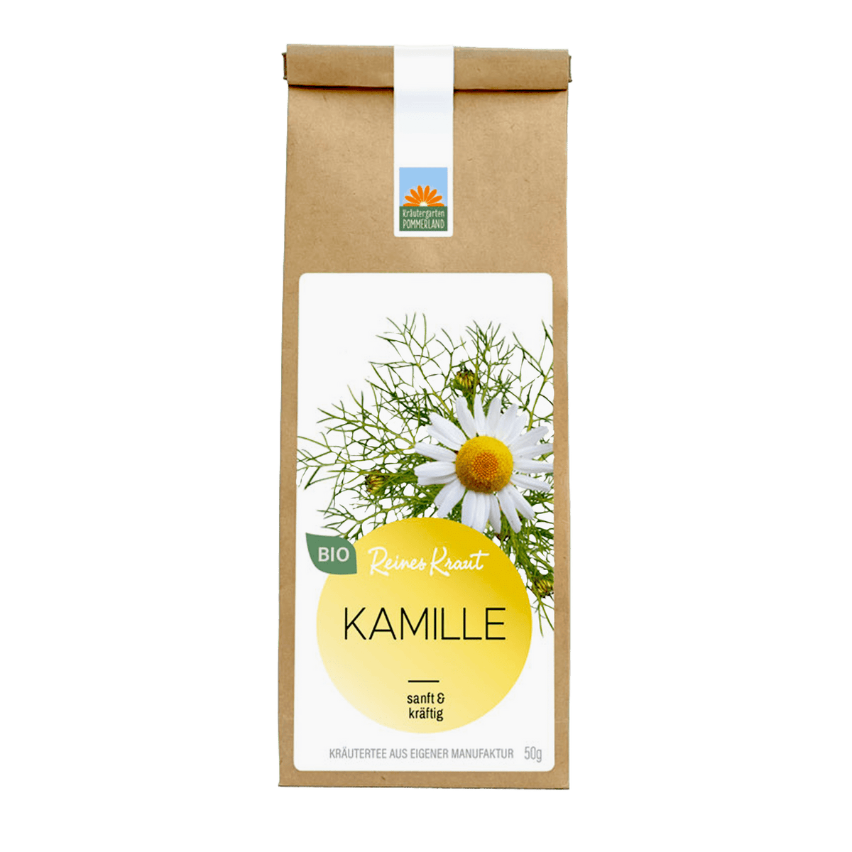 Bio-Kamillentee von Kräutergarten Pommerland – reines Kamillenkraut in brauner Papierverpackung mit gelbem Etikett.