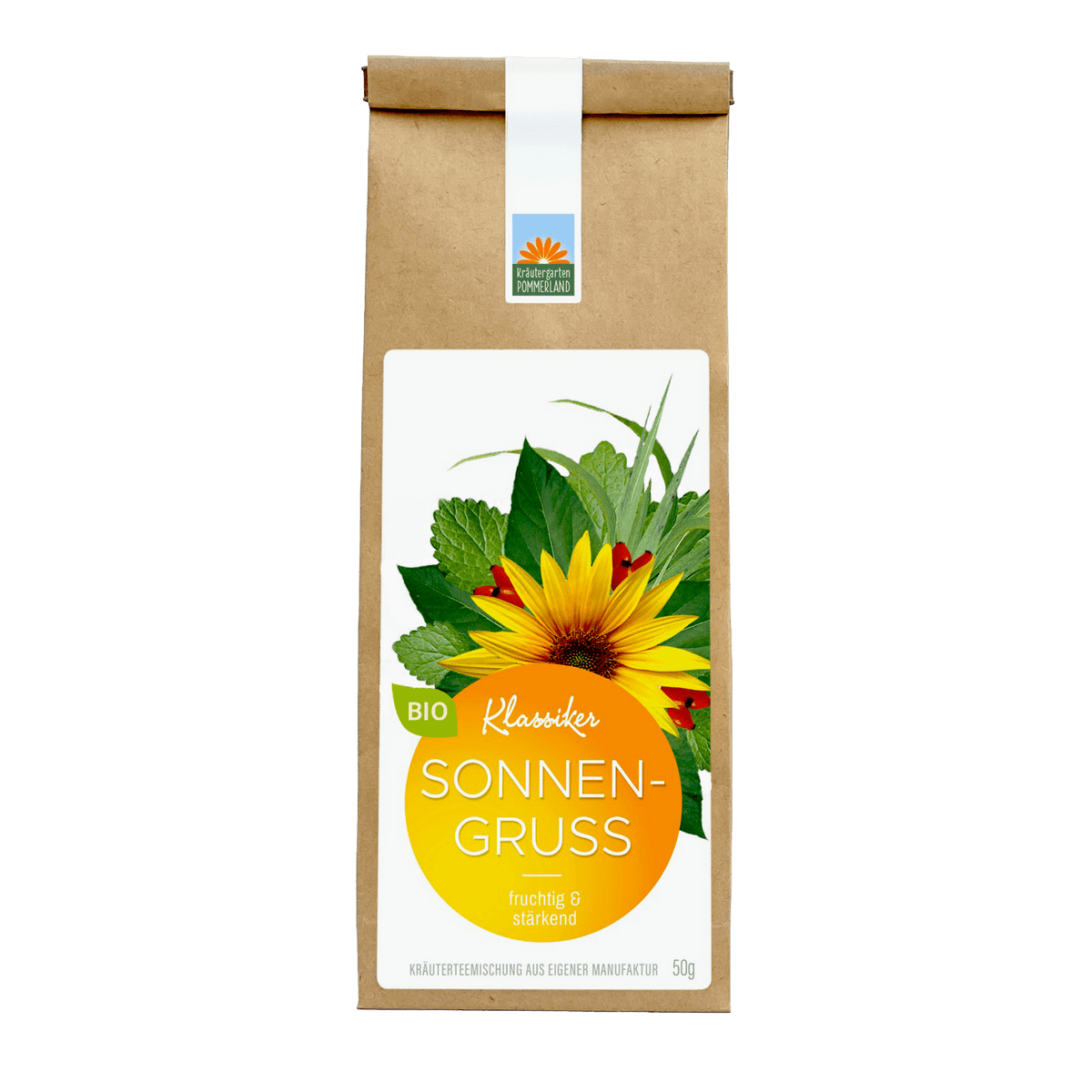 Bio-Klassiker Sonnengruß – fruchtig und stärkend. Kräuter- und Blütenmischung mit gelber Blüte in brauner Papiertüte mit orange-gelbem Etikett.
