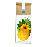 Bio-Klassiker Sonnengruß – fruchtig und stärkend. Kräuter- und Blütenmischung mit gelber Blüte in brauner Papiertüte mit orange-gelbem Etikett.