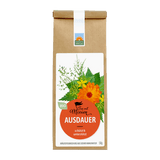 Bio-Kräutertee ‚Ausdauer‘ von Kräutergarten Pommerland – schützende Teemischung in brauner Papierverpackung mit orangem Etikett.
