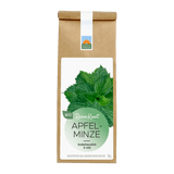 Bio Apfelminze – reines Kraut, mild und kinderfreundlich. Frische, leuchtend grüne Minzblätter auf weißem Etikett in einer braunen Kräutertee-Papiertüte.