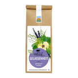 Bio Kräutertee Gelassenheit in brauner Papiertüte mit weißem Etikett, Blumen- und Kräutermotiv in Grün, Gelb und Lila sowie rundem violettem Label mit der Aufschrift ‚Gelassenheit – gleicht aus & versöhnt‘.