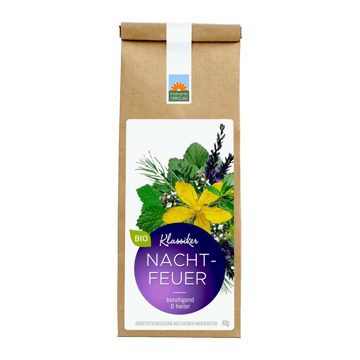 Bio Kräutertee Nachtfeuer in einer braunen Papiertüte mit weißem Etikett; violettem Rundlabel und Kräutermotiv aus gelben Blüten, Lavendel und grünen Blättern; Beschreibung ‚beruhigend & heiter‘.