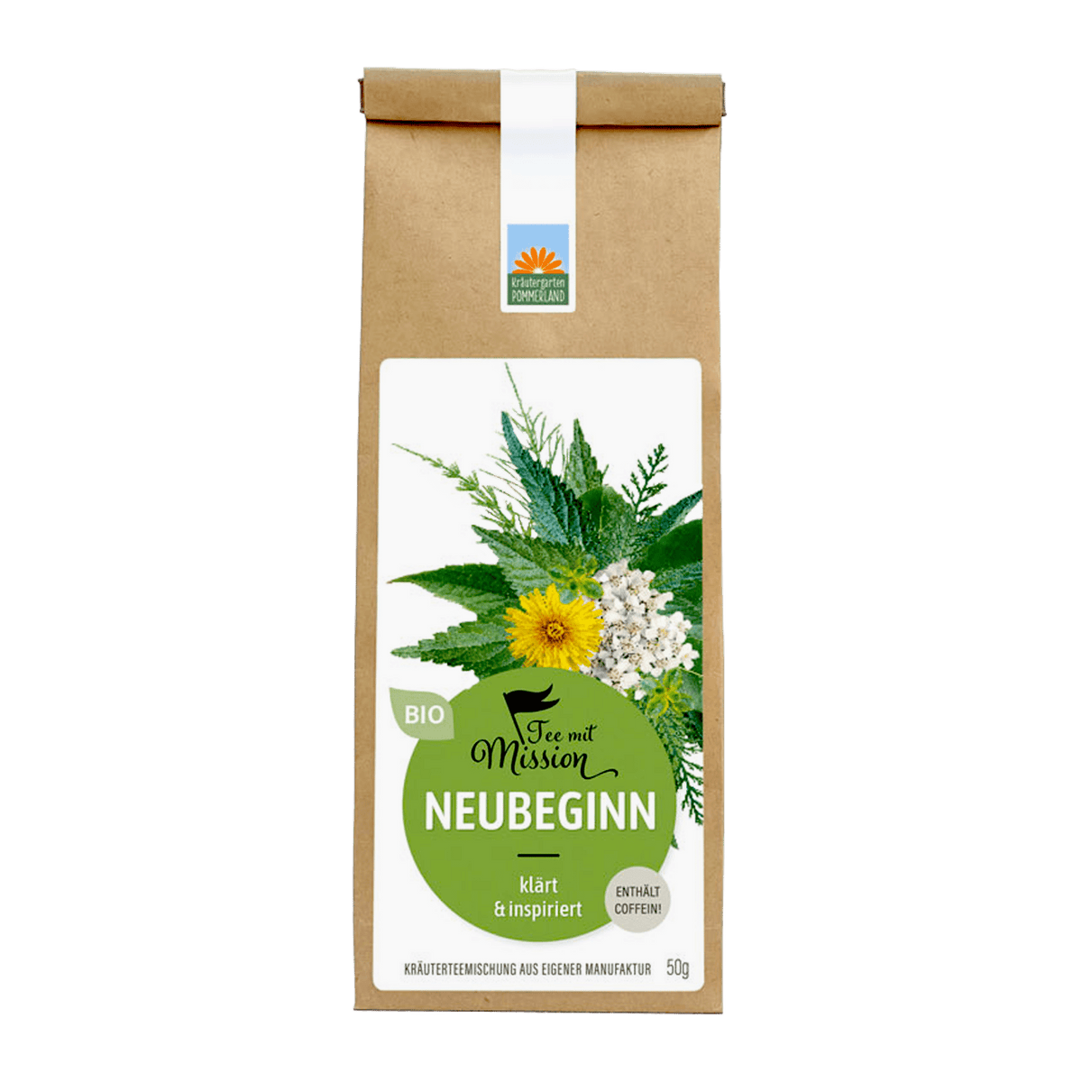 Bio Kräutertee Neubeginn in brauner Papiertüte mit weißem Etikett, grünem Rundlabel und Kräutermotiv aus gelben, weißen und grünen Pflanzen; Aufdruck ‚klärt & inspiriert‘ und Hinweis ‚enthält Coffein
