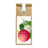 Bio Kräutertee Venus-Mond in brauner Papiertüte mit weißem Etikett, rotem Rundlabel und bunter Kräuter- und Blütenmischung; Aufschrift ‚verwöhnend & kräftigend‘.