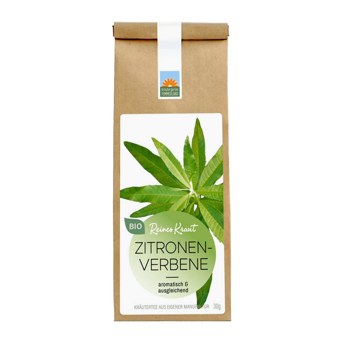 Bio Kräutertee Zitronenverbene in brauner Papiertüte mit weißem Etikett, grünem Rundlabel und frischen Zitronenverbene-Blättern; aromatisch & ausgleichend.