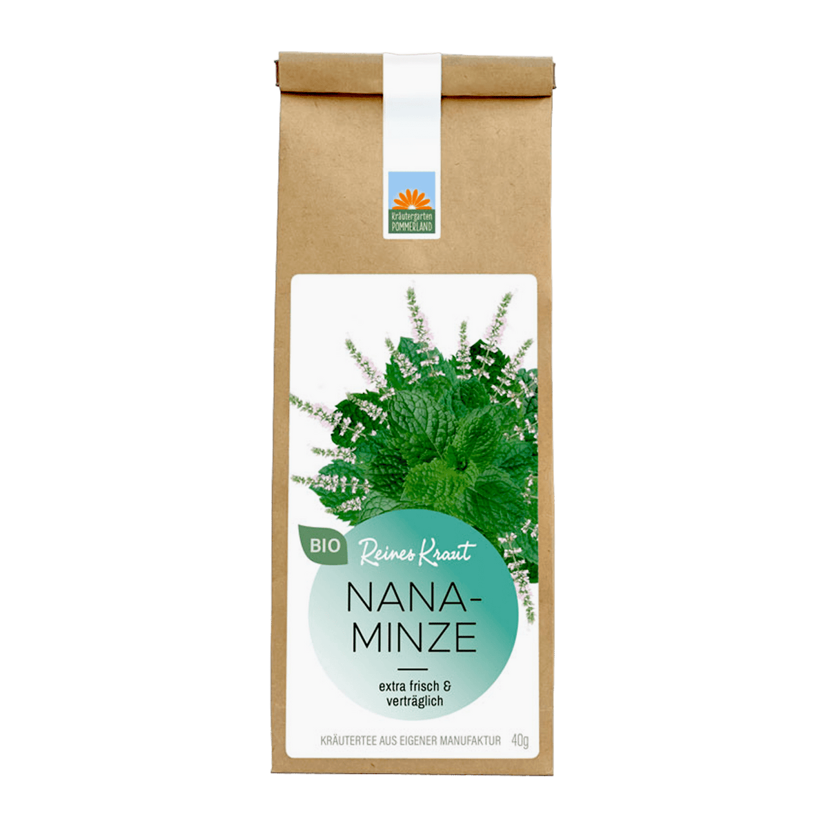 Bio Nanaminze – reines Kraut, extra frisch und verträglich. Kräftige grüne Minzblätter mit zarten Blüten auf weißem Etikett in brauner Kräutertee-Papiertüte.