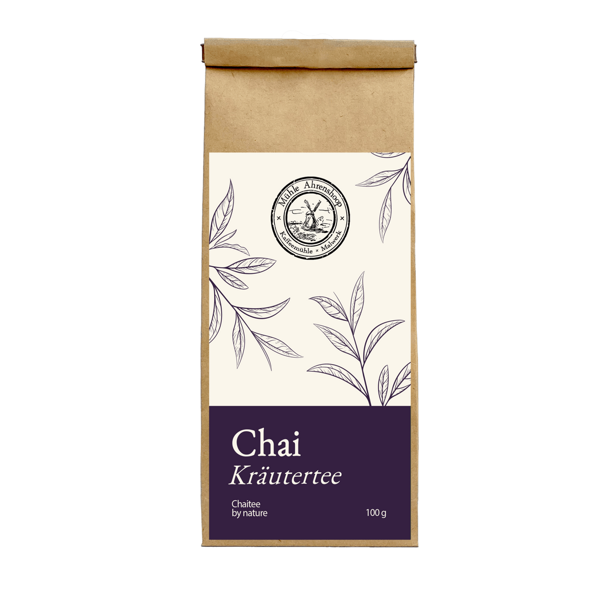 Chai Kräutertee der Mühle Ahrenshoop – würziger Kräutertee in brauner Papierverpackung mit violettem Etikett.