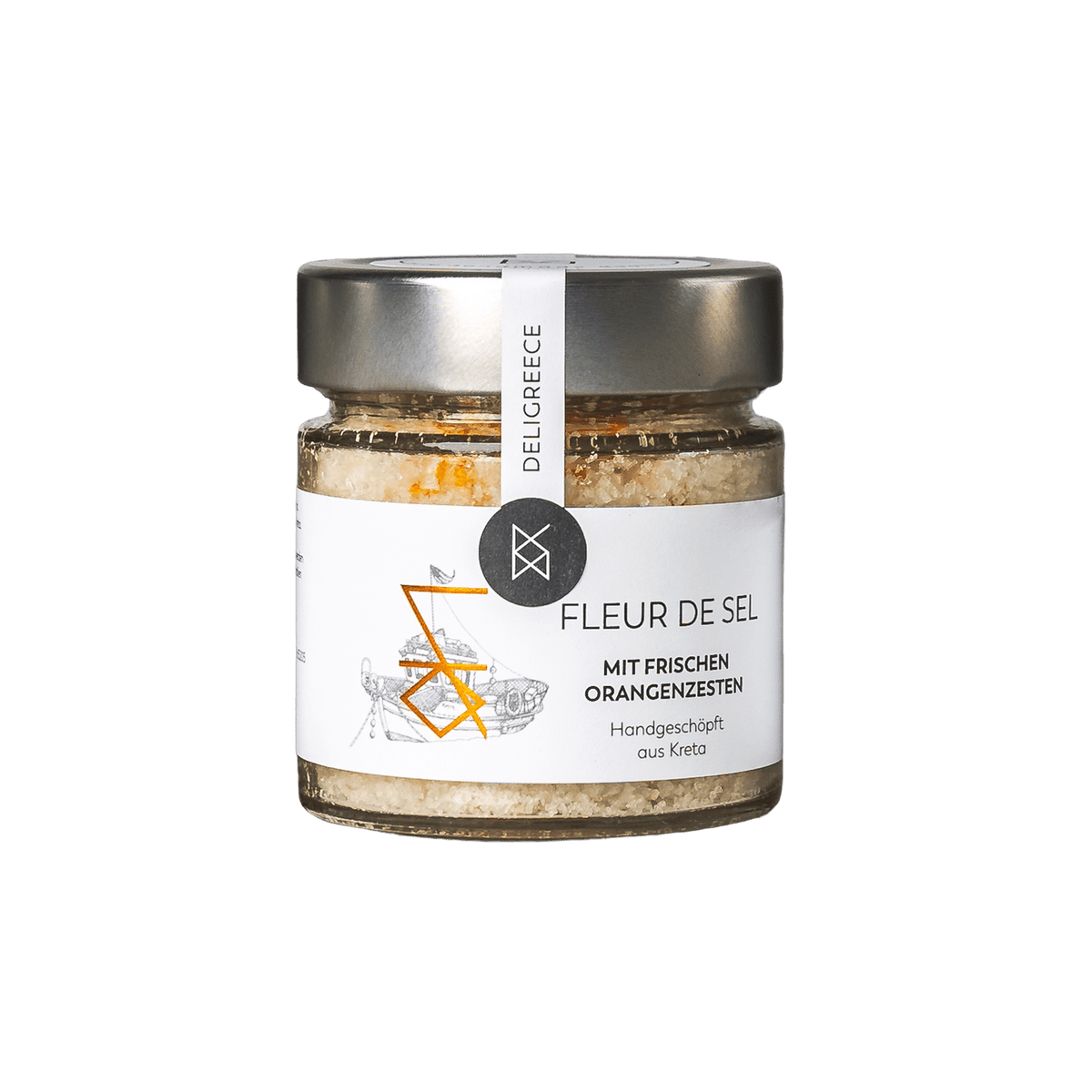 Fleur de Sel von DeliGreece – handgeschöpftes Meersalz aus Kreta, verfeinert mit frischen Orangenzesten.