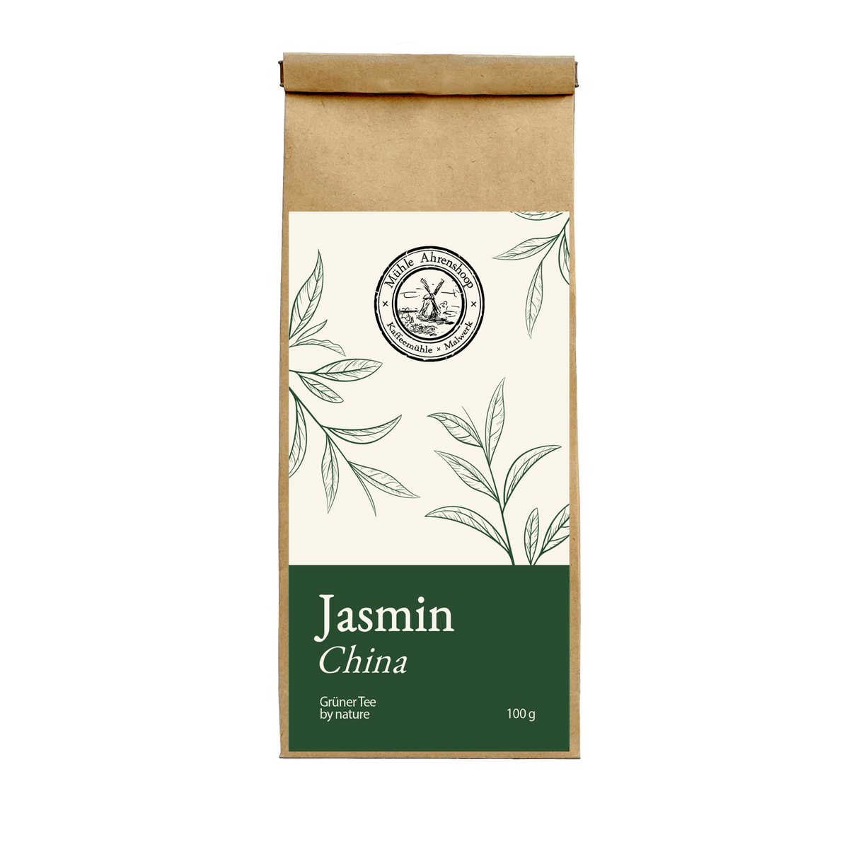 Jasmin China – Jasmin-Grüntee der Mühle Ahrenshoop in brauner Papierverpackung mit grünem Etikett.