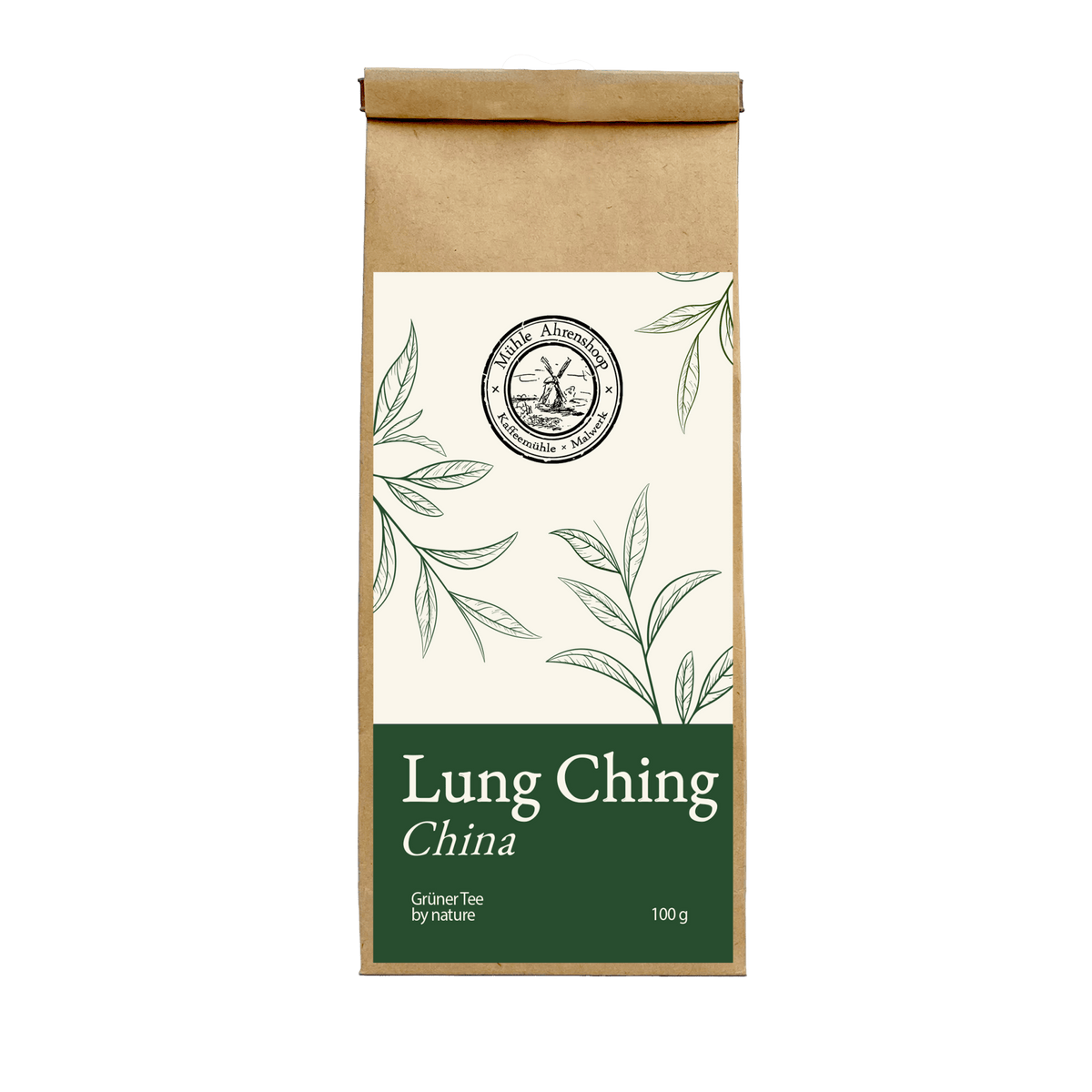 Lung Ching China – Grüner Tee der Mühle Ahrenshoop in brauner Papierverpackung mit grünem Etikett.