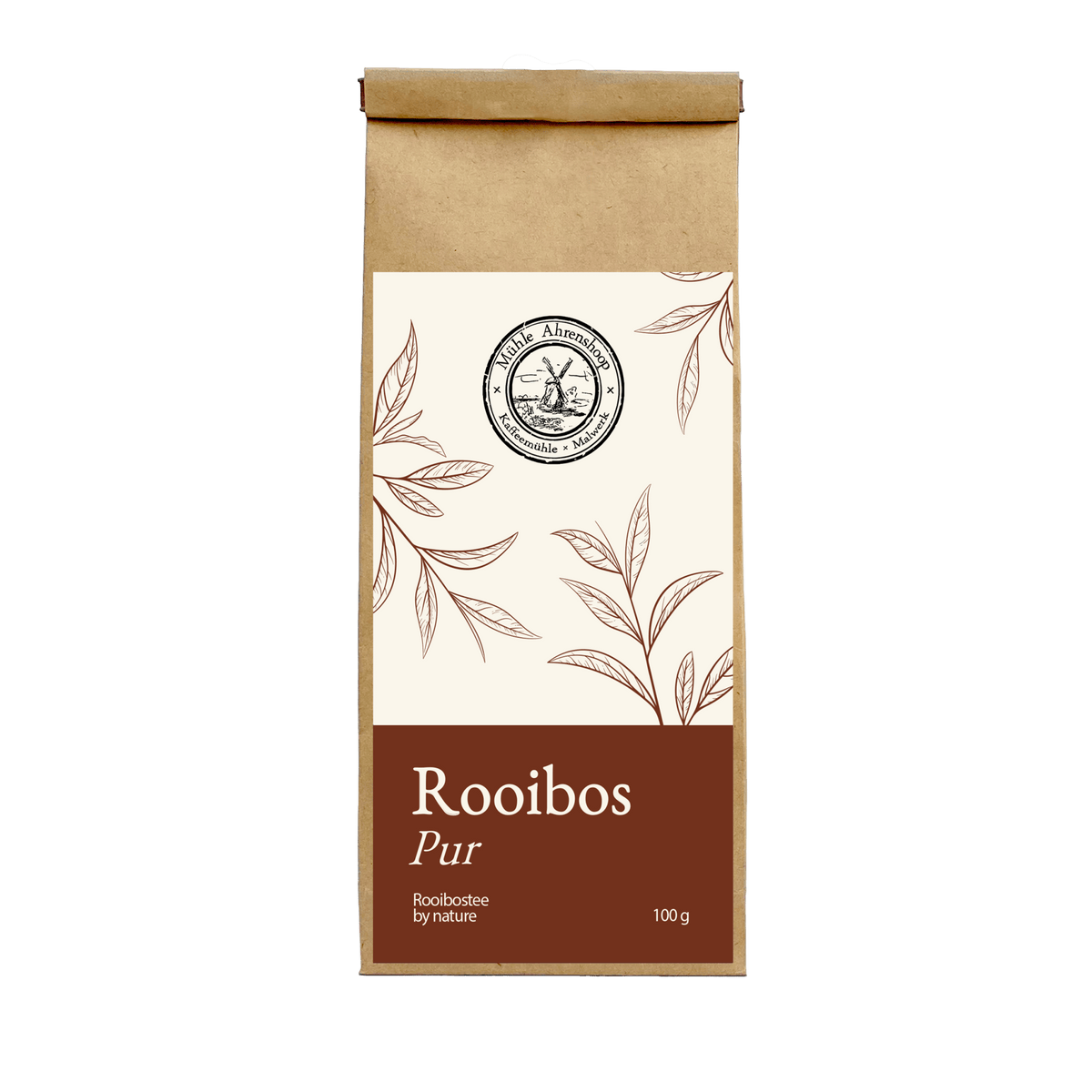 Rooibos Pur Tee der Mühle Ahrenshoop – Rooibostee in brauner Papierverpackung mit braunem Etikett.