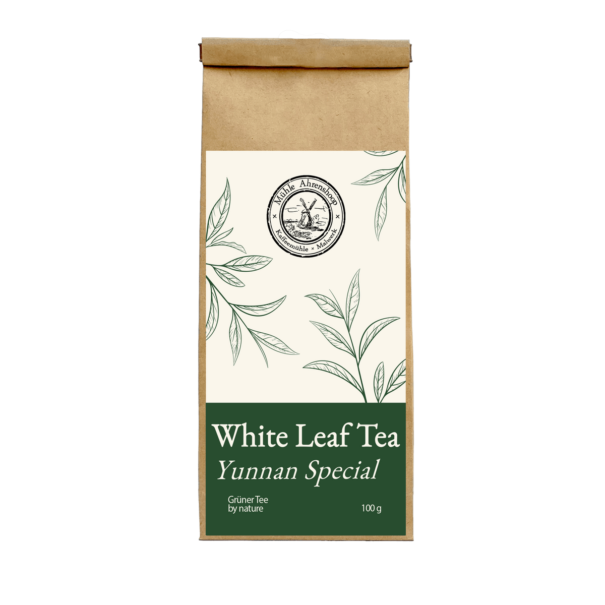 White Leaf Tea Yunnan Special – Grüner Tee der Mühle Ahrenshoop in brauner Papierverpackung mit grünem Etikett.