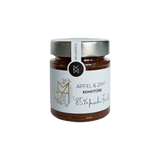 DELIGREECE Apfel & Zimt Konfitüre mit 85 % frischen Früchten im Glas – weißes Etikett, silberner Deckel, feine Apfel- und Zimt-Illustration.