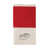 Stoff-Brotbeutel in Rot und Natur (zweifarbig), oben roter Bereich, unten naturfarbener Canvas mit gesticktem Brot-Symbol