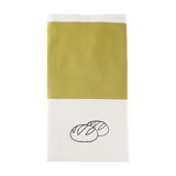 Zweifarbiger Stoff-Brotbeutel (olivgrün/beige) mit gesticktem Brot-Symbol, freigestellt vor transparentem Hintergrund
