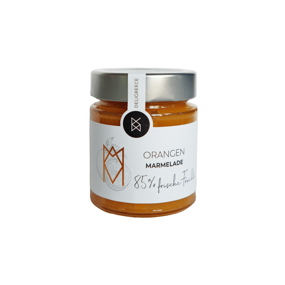 DELIGREECE Orangen Marmelade mit 85 % frischen Früchten im Glas – weißes Etikett, goldener Deckel, feine Orangen-Illustration.“