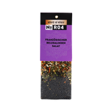 Hängeetikett einer Trockenmischung: Spirit of Spice No R04 – Französischer Belugalinsen-Salat; unten im transparenten Beutel schwarze Belugalinsen mit getrockneten Kräutern und Gemüsestückchen