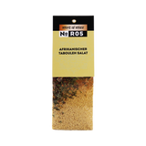 Hängeetikett einer Trockenmischung: Spirit of Spice No R05 – Afrikanischer Tabouleh Salat; unten im transparenten Beutel feine helle Körner (z. B. Couscous/Bulgur) mit getrockneten Kräutern und Gewürzen.