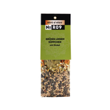 Hängeetikett einer Suppen-/Gewürzmischung: Spirit of Spice No R09 – Grünes Linsensüppchen mit Dinkel; unten sichtbare Linsen, Dinkelkörner und getrocknete Gemüsestücke im transparenten Beutel.