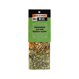 Hängeetikett einer Suppen-/Gewürzmischung: Spirit of Spice No R11 – Prinzessin auf der Erbsen-Suppe; unten sichtbare getrocknete Erbsen und Gemüse-/Kräuterstücke im transparenten Bereich.