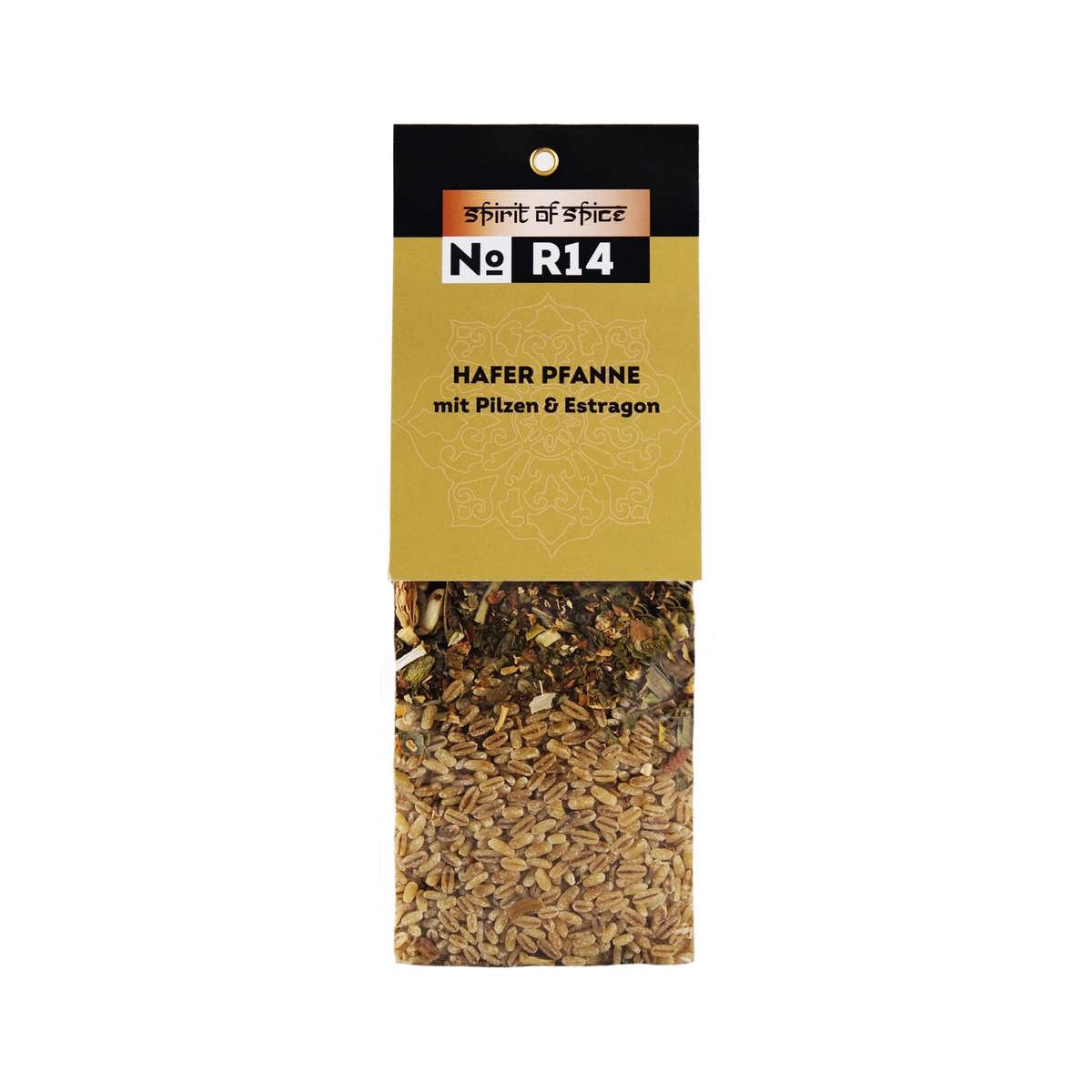 Hängeetikett einer Trockenmischung: Spirit of Spice No R14 – Hafer Pfanne mit Pilzen & Estragon; unten im transparenten Beutel Haferkörner mit getrockneten Pilzstückchen, Kräutern und Gewürzen.