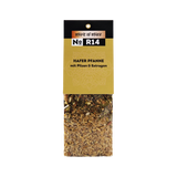 Hängeetikett einer Trockenmischung: Spirit of Spice No R14 – Hafer Pfanne mit Pilzen & Estragon; unten im transparenten Beutel Haferkörner mit getrockneten Pilzstückchen, Kräutern und Gewürzen.