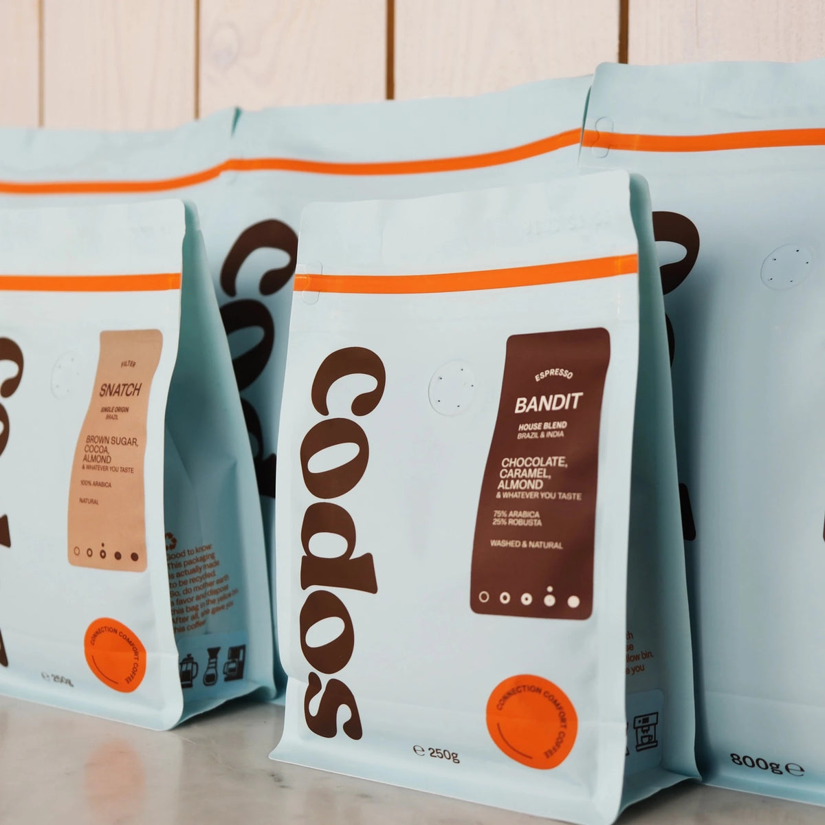 Mehrere SOPP Kaffeebeutel: SNATCH (Filter) und BANDIT (Espresso), unterschiedliche Packungsgrößen